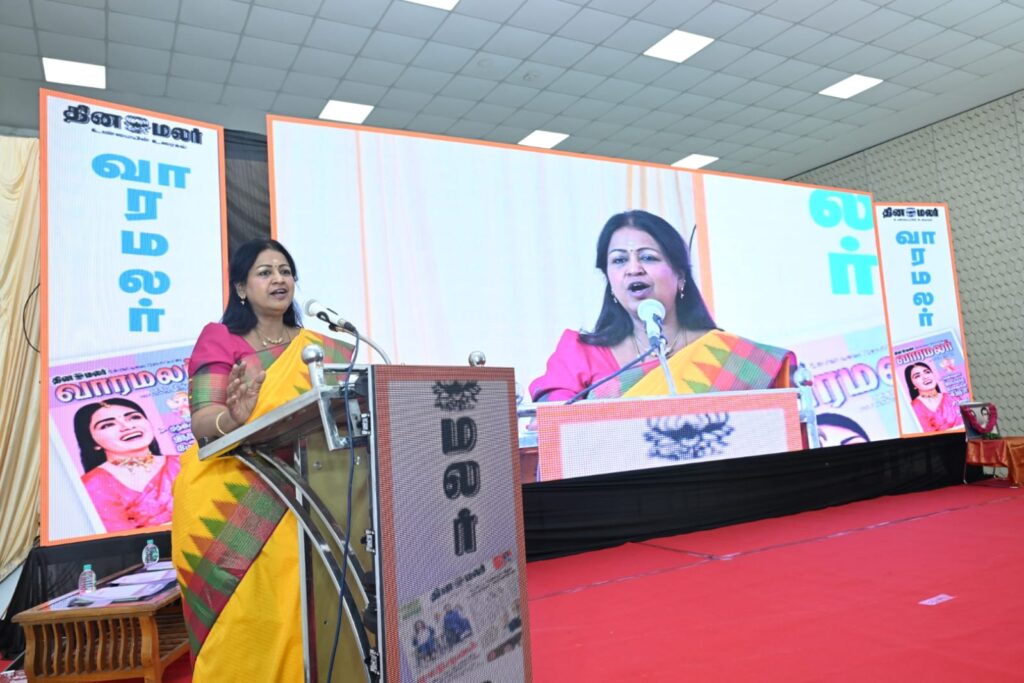 MTC principal and professor ushaa eswaran talks to the Plus Two students at Dinamalar Vazhikatti in Salem and Madurai telling them to choose the right career