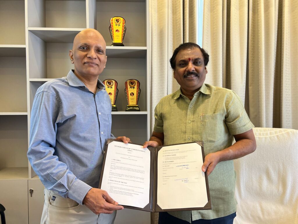 MTC Principal R Ravi signing MoU with VIPAS Inc USA for semiconductor, VLSI, AI and embedded systems collaboration at Mahalakshmi Tech Campus Chennai